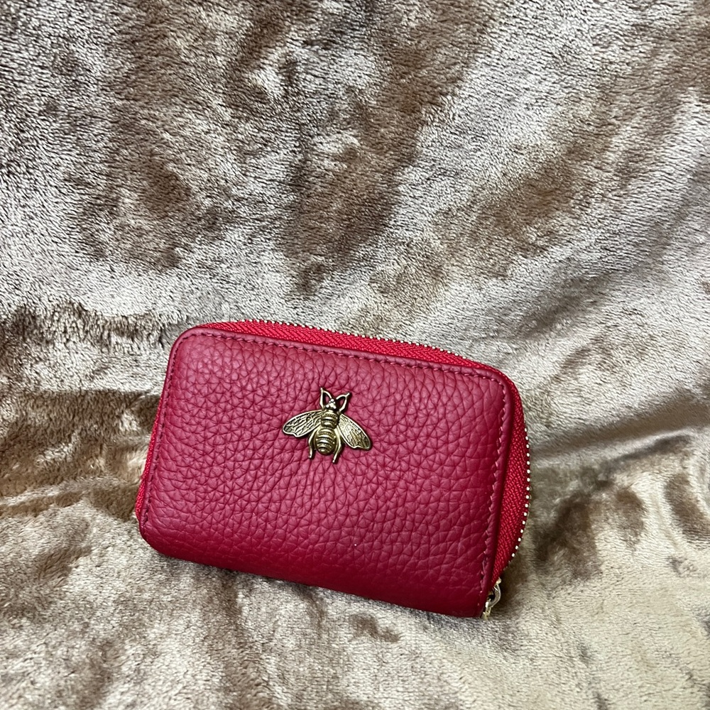 Red Leather Wallet with Bee Accent